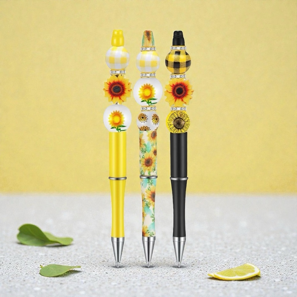 🆕 3 Sunflower Patterned Pen Set - Yellow, Black, and White - Picture 2 of 5